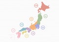Vector illustration of a map of Japan. Color-coded map and icons by region.